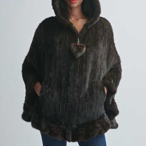 Sheared Mink Hooded Knit Cape